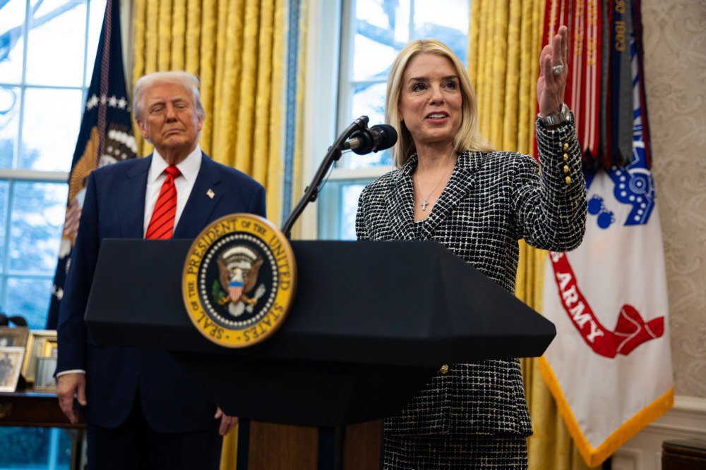  US President Donald Trump watches Pam Bondi speak after being sworn in as US Attorney General in Washington, DC, 5 February 2025.