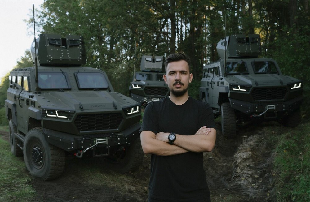  Artem Yushchuk, CEO and co-founder of Inguar, alongside Inguar-3 armoured vehicles, September 2025.