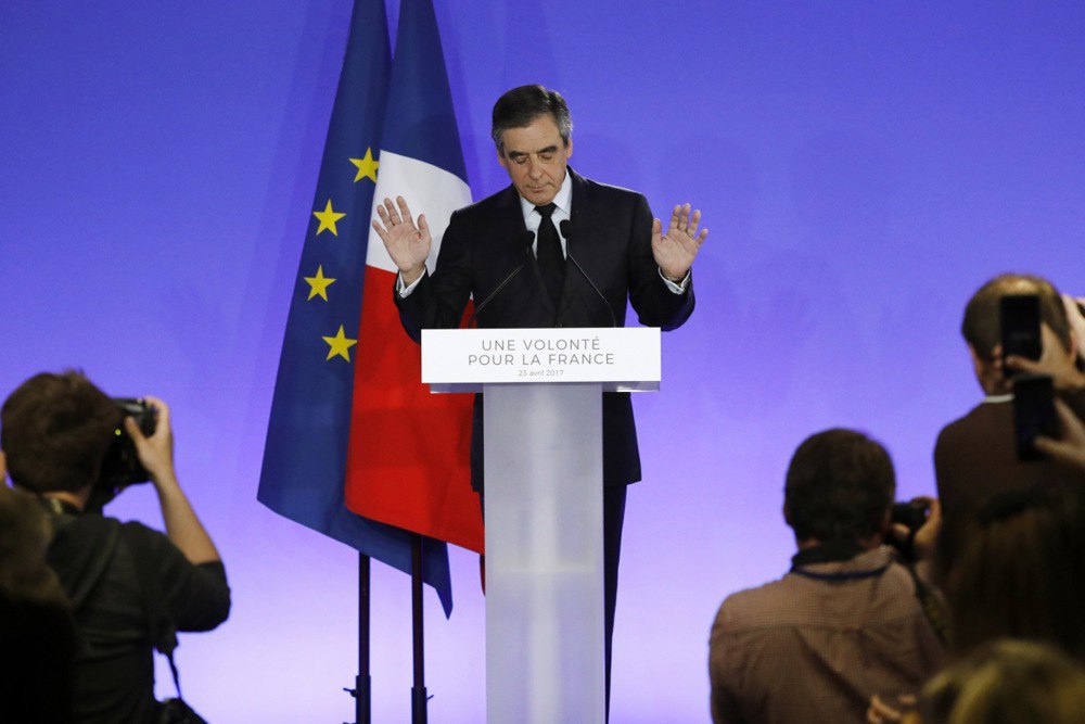 French presidential candidate François Fillon delivers a speech after the defeat in the first round of the presidential election, Paris, 23 April, 2017.