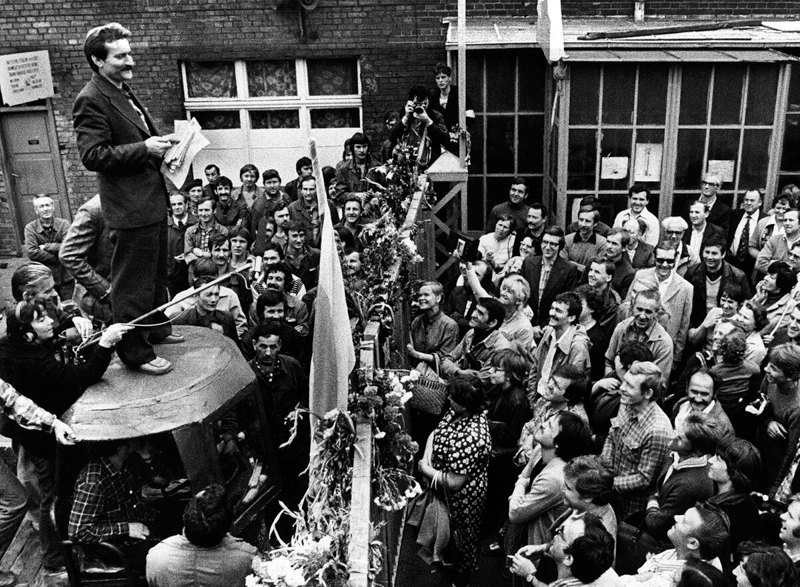 The leader of the Polish opposition movement Solidarity Lech Wałęsa speaks to the workers of the shipyard in Gdańsk during the strike, 8 August, 1980
