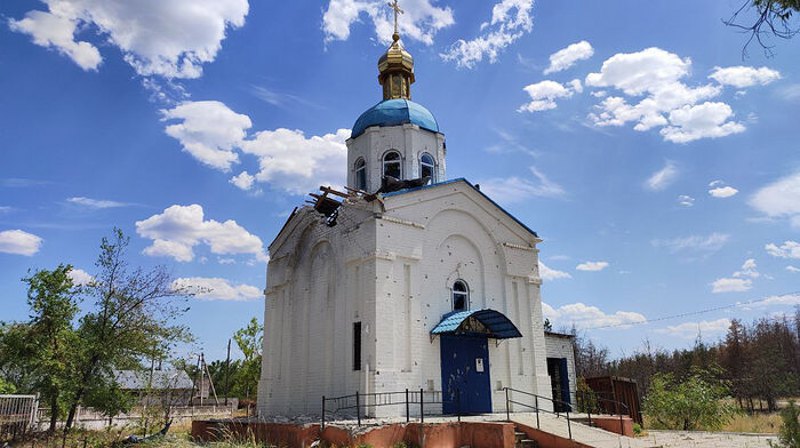 The damaged Church of St Tavifa of Joppa in Voronove, the Severodonetsk diocese