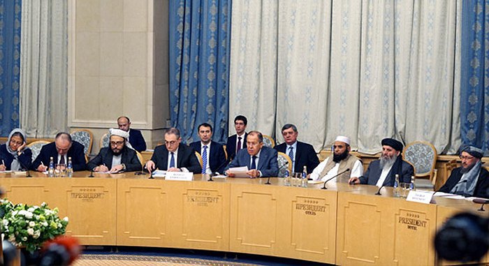 Russian Foreign Minister Sergey Lavrov and a Taliban delegation during the international conference on
Afghanistan in Moscow, 9 November 2018
