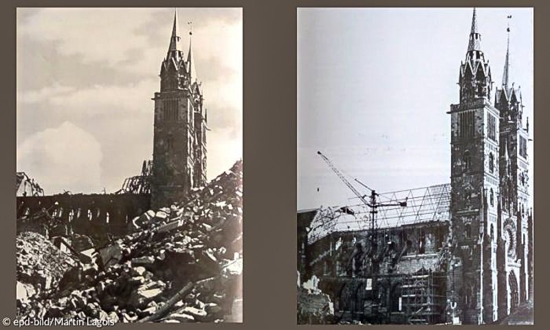 The destroyed Lorenzkirche in Nuremberg after 1945 (left) and the new Lorenzkirche roof structure in 1950 (right)