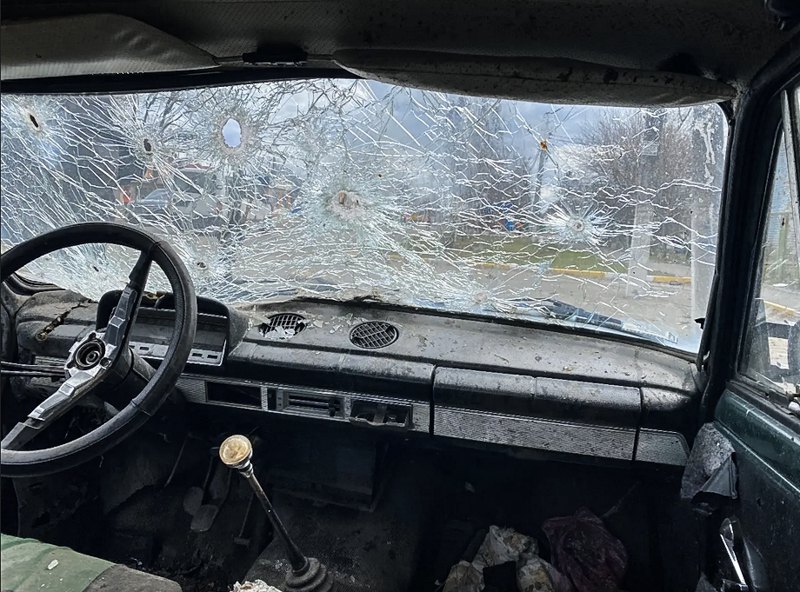 A car shot up by Russian troops in Hostomel, 28 February 2022.