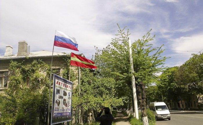 The flags of Russia and the breakaway Dniester region in Tiraspol