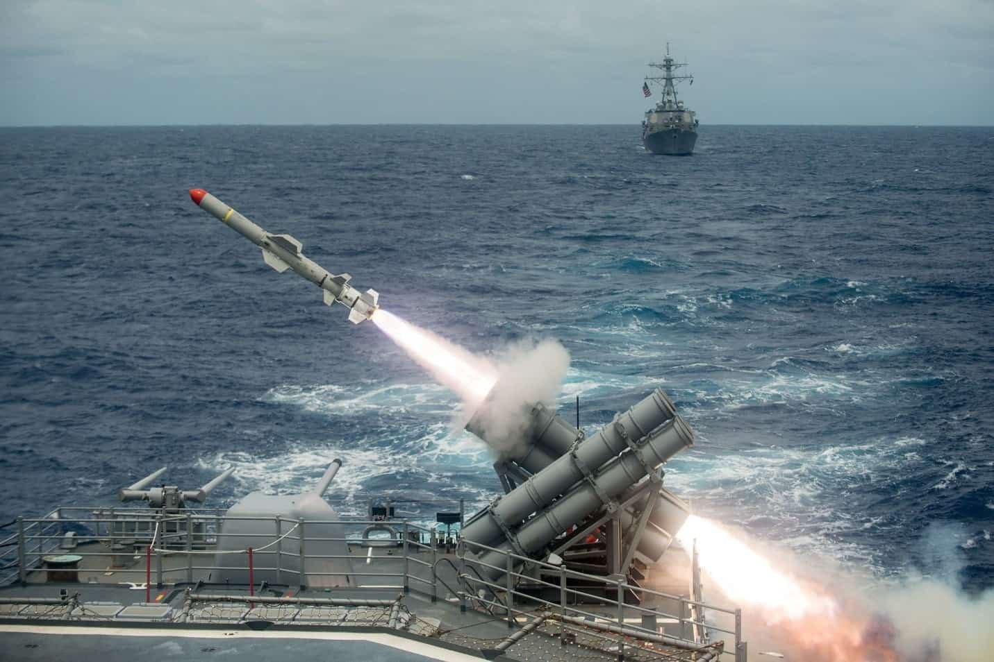 Launch of the Harpoon anti-ship missile.