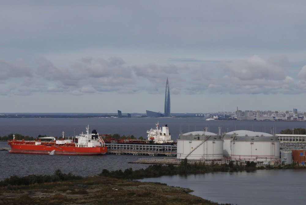  Oil tankers Vela (Singapore, left) and Jag Sparrow (Bahamas, right) moored at an oil terminal in the port of Saint Petersburg, Russia, 26 September 2025.