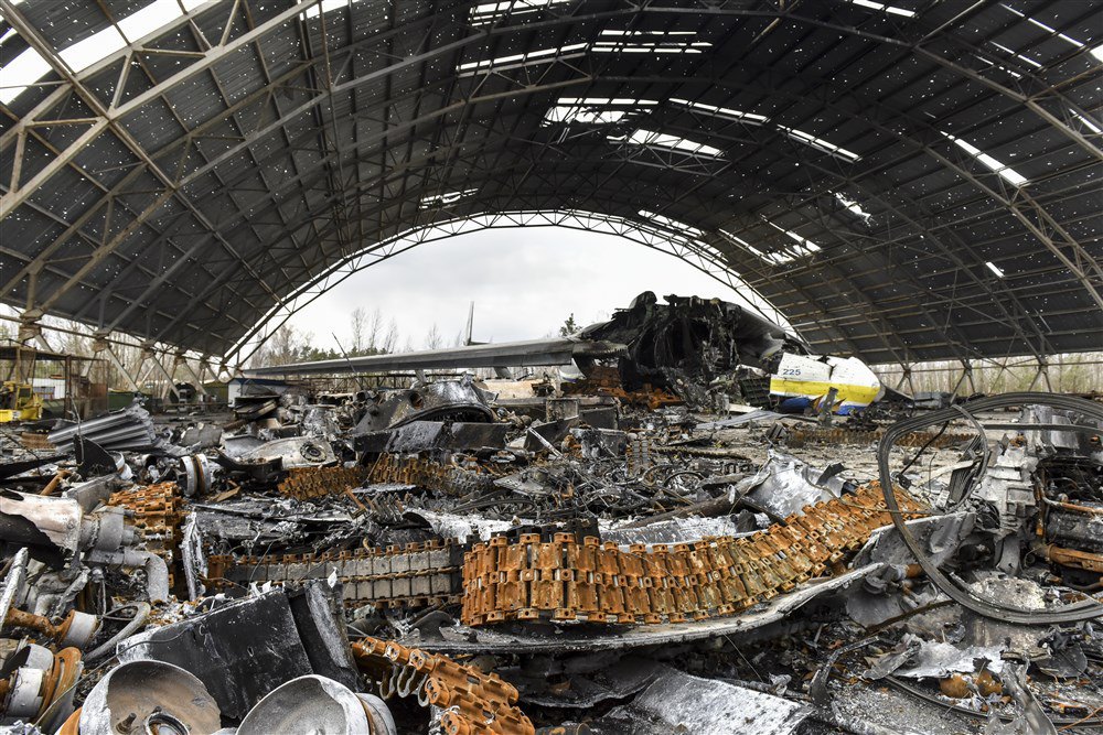 The destroyed Mriya aircraft at Hostomel Airport