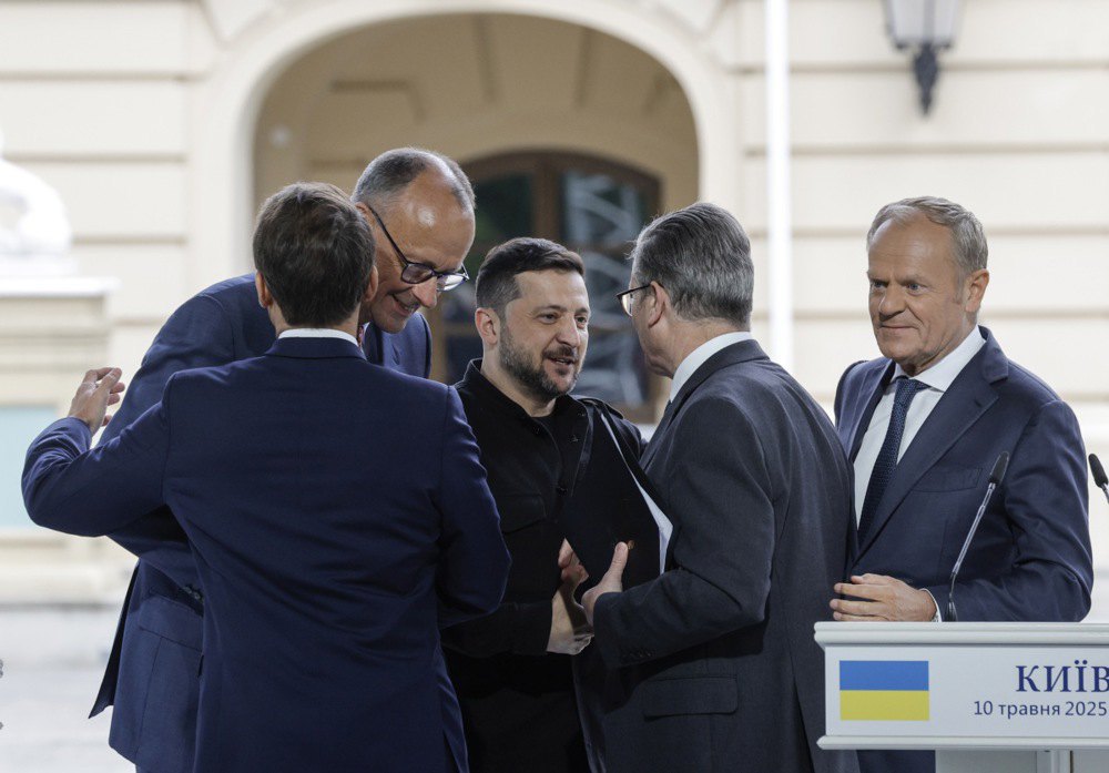 From left: French President Emmanuel Macron, German Chancellor Friedrich Merz, Ukrainian President Volodymyr Zelenskyy, British Prime Minister Keir Starmer and Polish Prime Minister Donald Tusk after a joint press conference of the Coalition of the Willing at the Mariyinsky Palace in Kyiv, 10 May 2025.