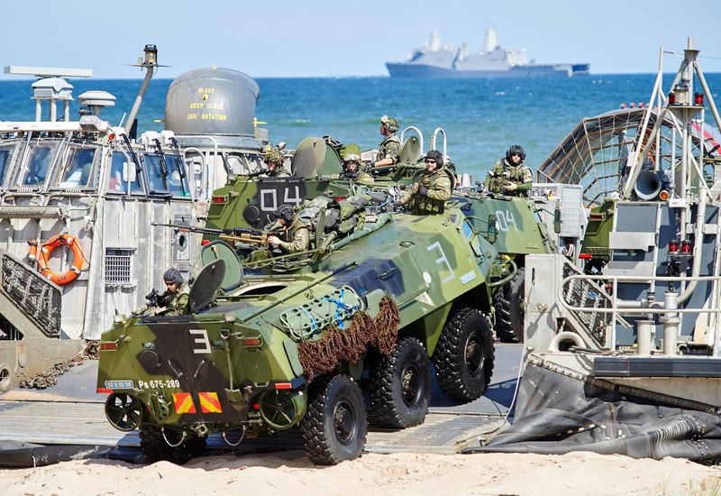 Finnish Army armoured personnel carriers aboard a US Army hovercraft during NATO's joint Baltops exercises. Baltic Operations are annual military exercises conducted by the US in Europe since 1971 in the Baltic Sea and adjacent regions.