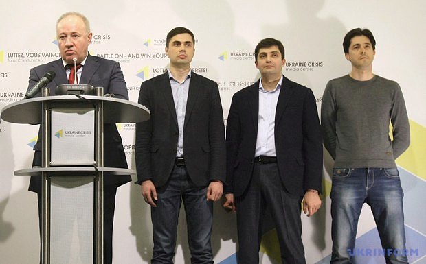 Viktor Chumak, Yehor Firsov, David Sakvarelidze and Vitaliy Kasko at a news conference in Kyiv on 29 March 2016.