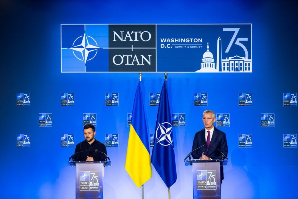 President of Ukraine Volodymyr Zelenskyy and NATO Secretary General Jens Stoltenberg speak at a press conference during the NATO summit in Washington, 11 July 2024.