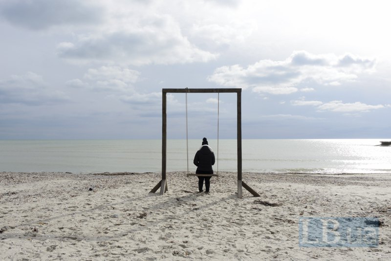 A woman on the seashore in the Zaliznyy Port, Odesa Region.