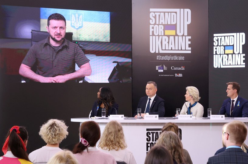  President of Ukraine Zelensky speaks at the event Stand Up for Ukraine, Polish President Andrzej Duda, President of the European Commission Ursula von der Leyen, Director General of Global Citizen Hugh Evans, Warsaw, 9 April, 2022