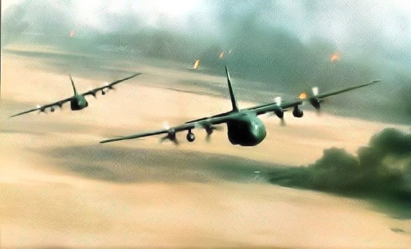 American AC-130 gunship aircraft over Kuwait's oil fields on fire during Operation Desert Storm, 1991.