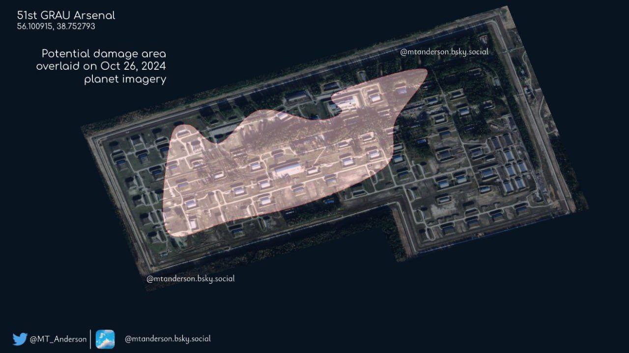 Approximate area of destruction from the explosion at the 51st arsenal of the Main Missile and Artillery Administration in the Vladimir Region, 25 April 2025.
