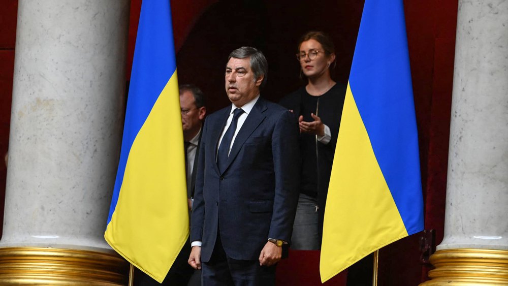 Ukraine's Ambassador to France Vadym Omelchenko during the address to the National Assembly, 3 October 2022