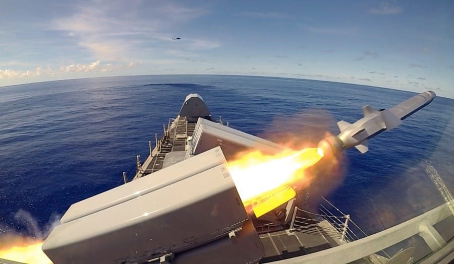  The US Navy warship USS Gabrielle Giffords launches an NSM anti-ship missile developed and manufactured by the Norwegian group Kongsberg.