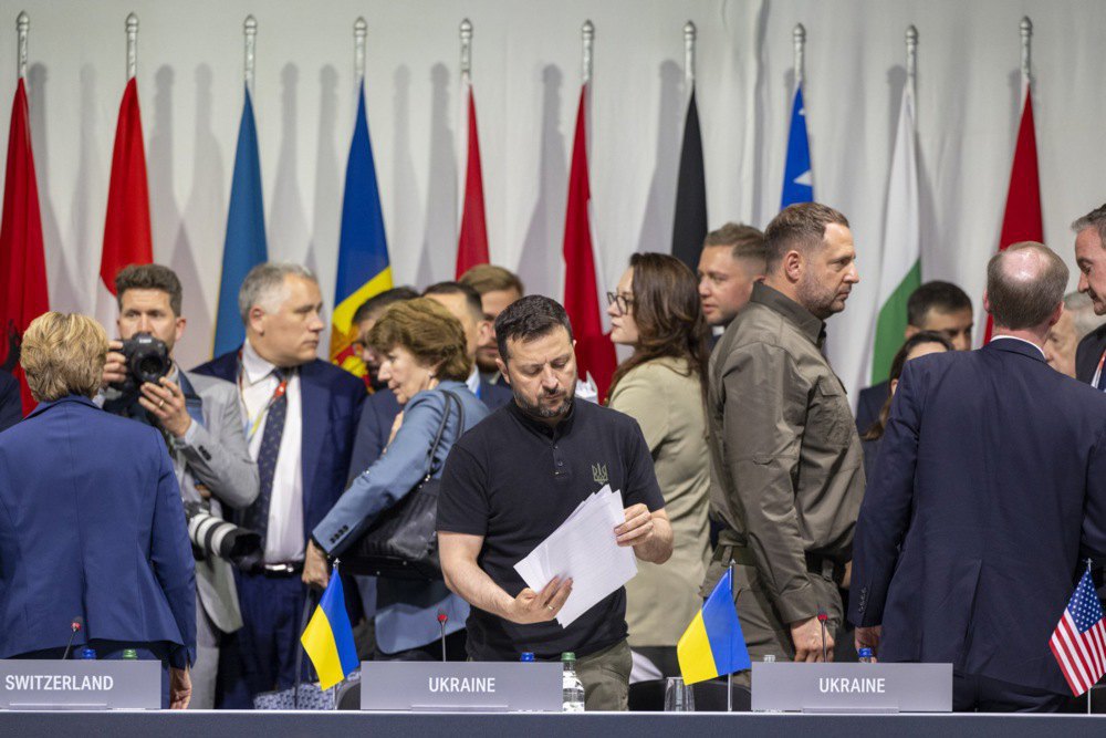 President of Ukraine Volodymyr Zelenskyy during a break at the plenary session of the Peace Summit in Bürgenstock, Switzerland, on 16 June, 2024.
