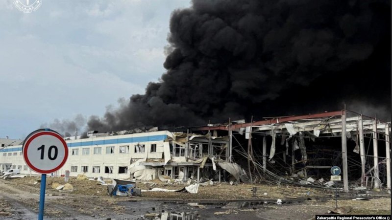 Destruction and fire at the Flex American company factory in Mukachevo after a Russian missile strike. Transcarpathia, Ukraine. 21 August 2025