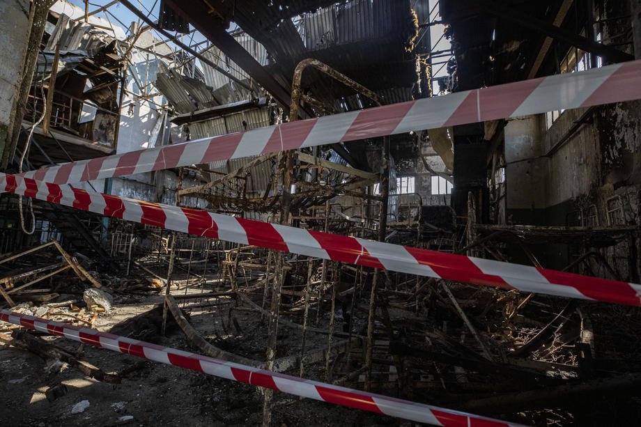 The burnt-out barrack in Olenivka, where 53 Azov fighters were killed.
