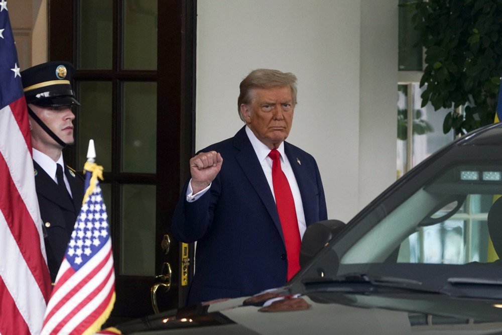  US President Donald Trump before meeting with Ukrainian President Volodymyr Zelenskyy at the White House on 18 August 2025.