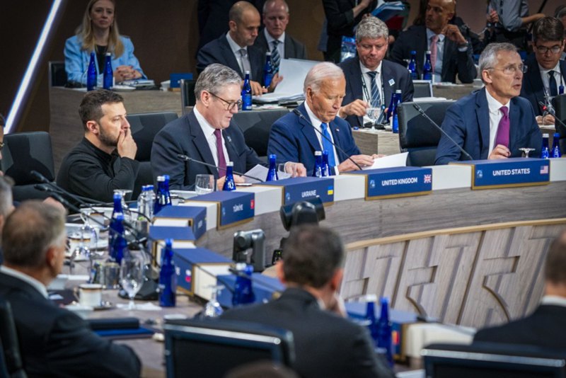 NATO Secretary General Jens Stoltenberg, US President Joe Biden, British Prime Minister Keir Starmer and Ukrainian President Volodymyr Zelenskyy attend a meeting of the NATO-Ukraine Council during the NATO Summit in Washington D.C., 11 July 2024.