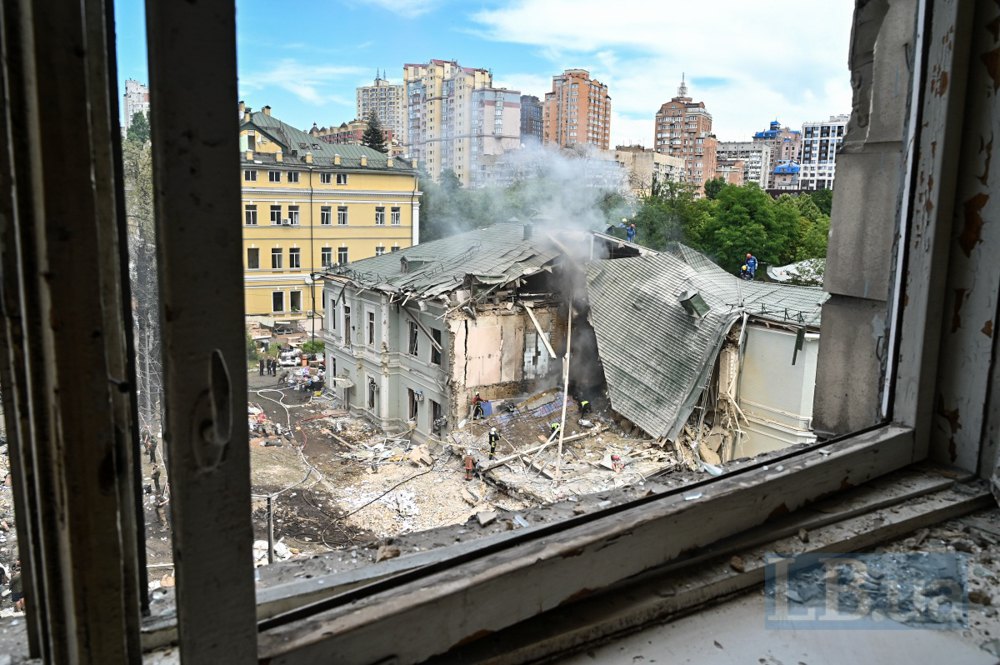 The destroyed building from the window opposite