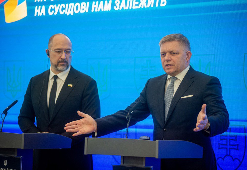 Prime Minister of Ukraine Denys Shmyhal (left) and Prime Minister of Slovakia Robert Fico (right) during an intergovernmental meeting between Slovakia and Ukraine in Michalovce, Slovakia, 11 April 2024.