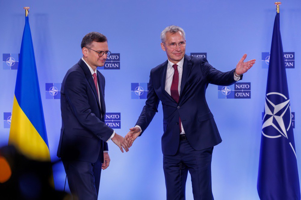 Ukraine's Foreign Minister Dmytro Kuleba and NATO Secretary General Jens Stoltenberg after a joint statement before a meeting of the NATO-Ukraine Council at NATO Headquarters in Brussels, 29 November 2023 