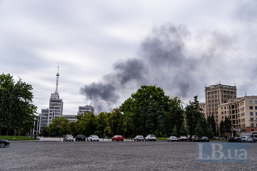 Smoke in the city centre after the shelling of Kharkiv on 17 May 2024