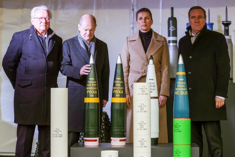 From left to right: <i>Rheinmetall</i> CEO Armin Papperger, German Chancellor Olaf Scholz, Danish Prime Minister Mette Frederiksen and German Defense Minister Boris Pistorius during the ceremony of laying down the new Rheinmetall ammunition plant in Unterluss, Germany, 12 February, 2024.
