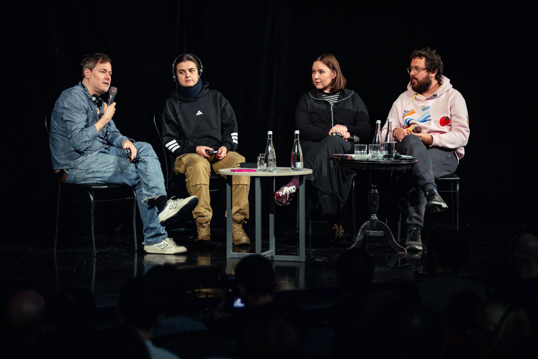Milo Rau, Olena Apchel, Tamara Trunova, Illya Razumeyko. Public discussion in the Molodyy Theatre.