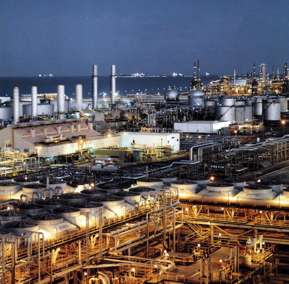 An oil refinery on the east coast of Saudi Arabia near the city of Dhahran in the Persian Gulf.