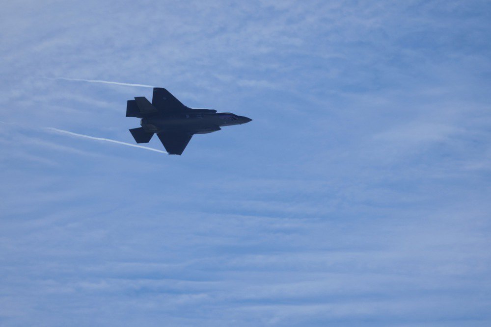 A Dutch F-36 fighter jet flies over Lielvarde, Latvia, on 21 February, 2025, as part of a NATO mission to patrol Baltic airspace to demonstrate NATO's presence in the region.