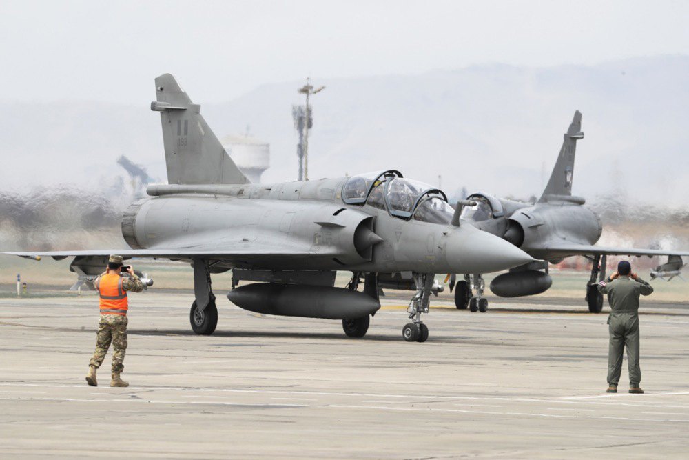 A <i>Mirage 2000</i> aircraft of the Peruvian Air Force lands in Lima after patrolling the airspace during the Asia-Pacific Economic Cooperation Leaders' Week in Peru, 11 November 2024.