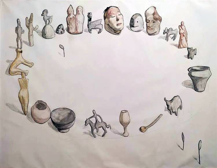 Drawing by Kateryna Lysovenko, <i>Objects of the Hermitage. Discussion of who owns the past</i>, 2022.