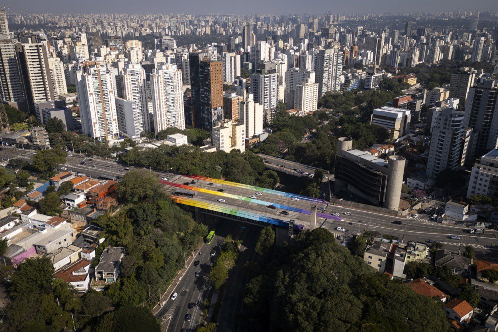 The Sumaré Viaduct, painted by the artist Mena in São Paulo to mark LGBTQ+ Pride Month, Brazil, 2 June 2025.