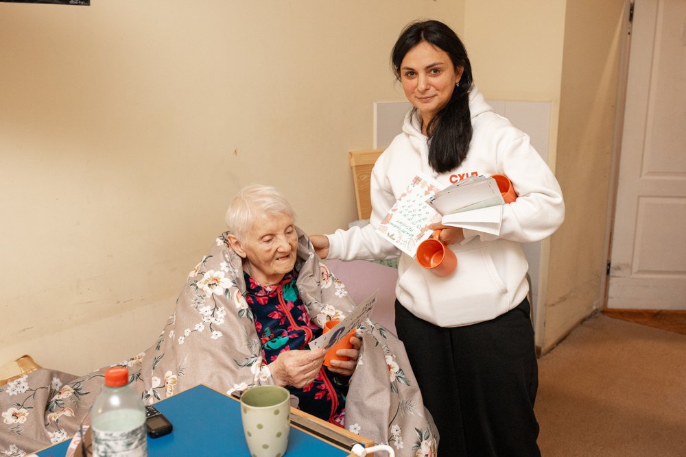 Evacuated woman from frontline areas in temporary shelter, January 2024