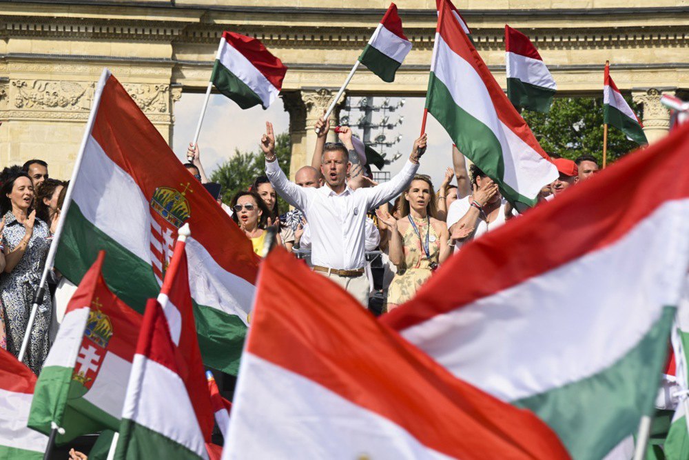 Péter Magyar, Vice President of the Party of Respect and Freedom, speaks to his supporters at Heroes' Square in Budapest on 8 June 2024, the day before the European Parliament elections.