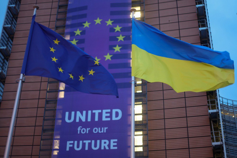 EU and Ukrainian flags in front of the European Union headquarters during the meeting of the EU Foreign Affairs Council in Brussels, 24 February, 2025
