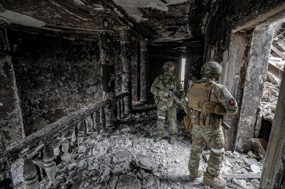 Occupiers inside ruined drama theater in Mariupol, 12 April 2022