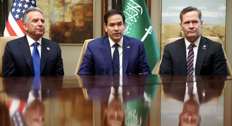 Secretary of State Marco Rubio (center), National Security Advisor Mike Waltz (right) and US Special Representative for the Middle East Steve Witkoff after meeting with the Russian delegation in Riyadh on 18 February, 2025