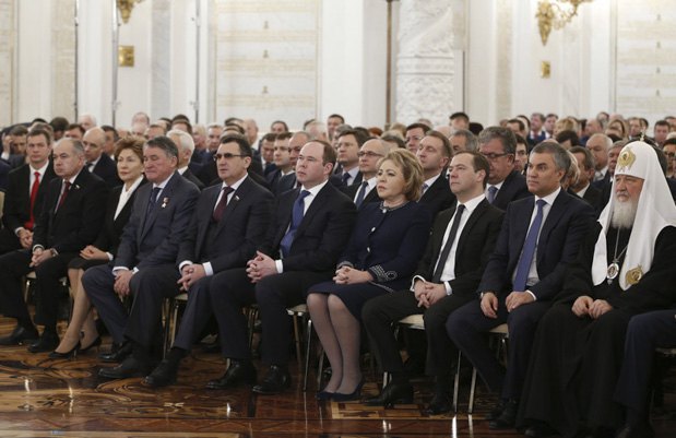 From right to left: Patriarch Kirill, Russian State Duma Speaker Vyacheslav Volodin, Prime Minister Dmitriy Medvedev,
Federation Council chairman Valentina Matviyenko, presidential administration head Anton Vayno waiting for the president's address to the Federal Assembly in the Kremlin, Moscow, December 1, 2016.