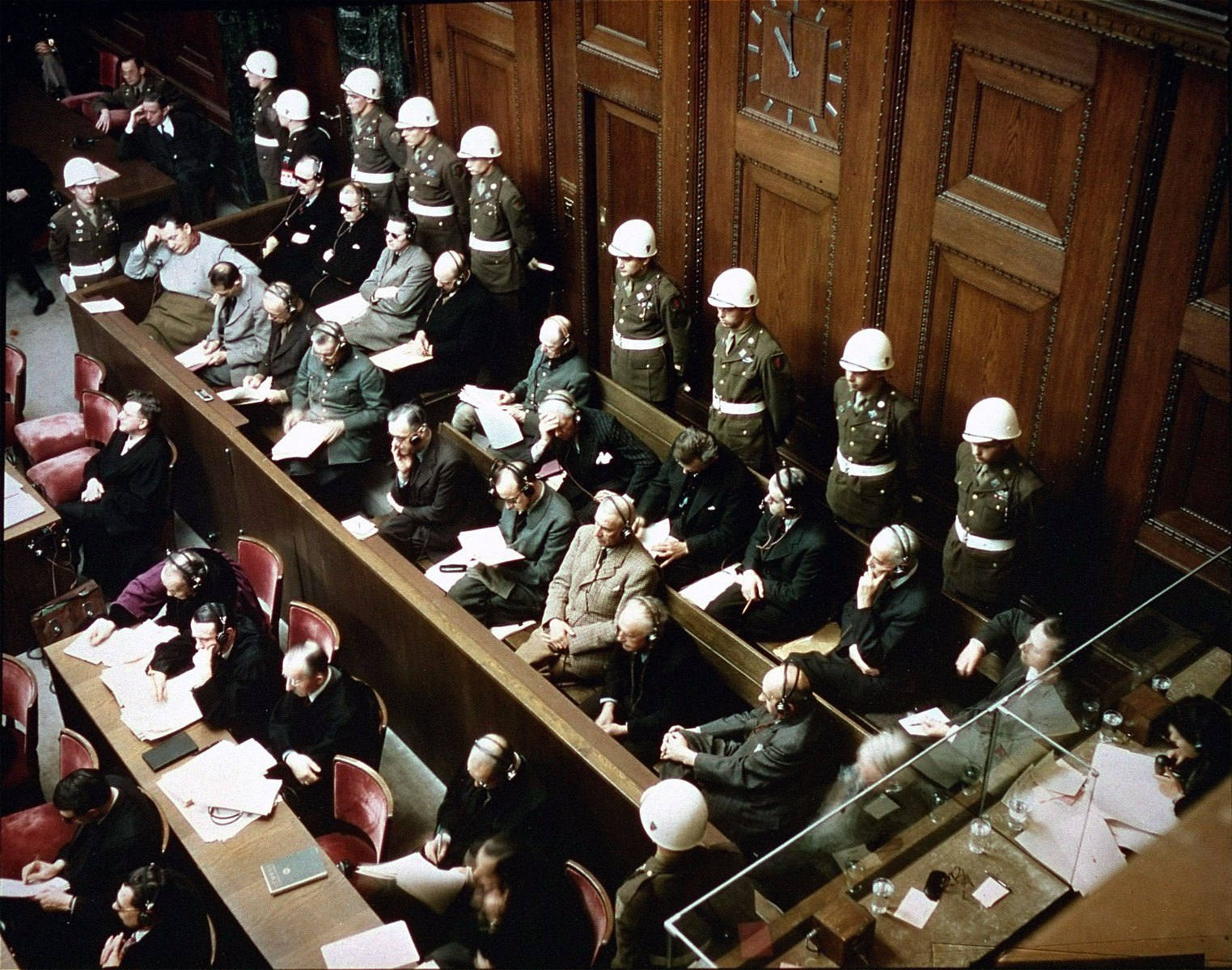 24 defendants, former high-ranking officials of Nazi Germany led by Hermann Göring in the dock during the session of the International Military Tribunal over war criminals in Nuremberg, Bavaria, Germany.