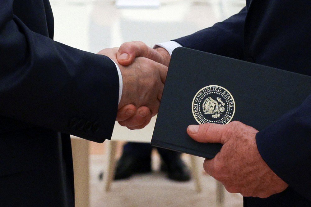Putin greets Witkoff during a meeting in the Kremlin, Moscow, 6 August 2025.