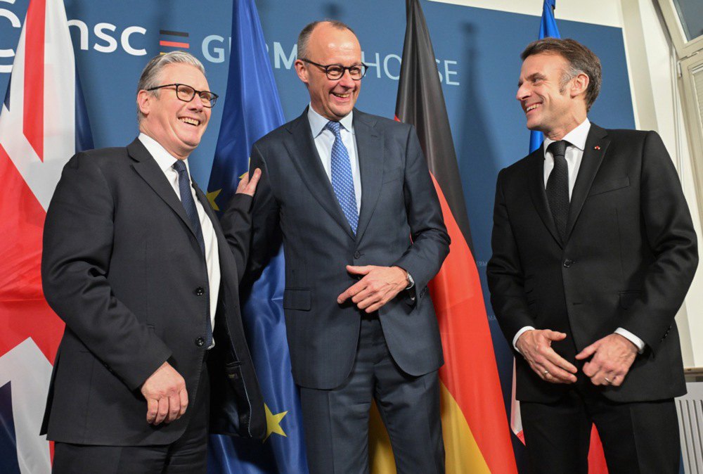  From left to right: UK Prime Minister Keir Starmer, German Chancellor Friedrich Merz, and French President Emmanuel Macron at the start of the E3 meeting during the Munich Security Conference, 13 February 2026