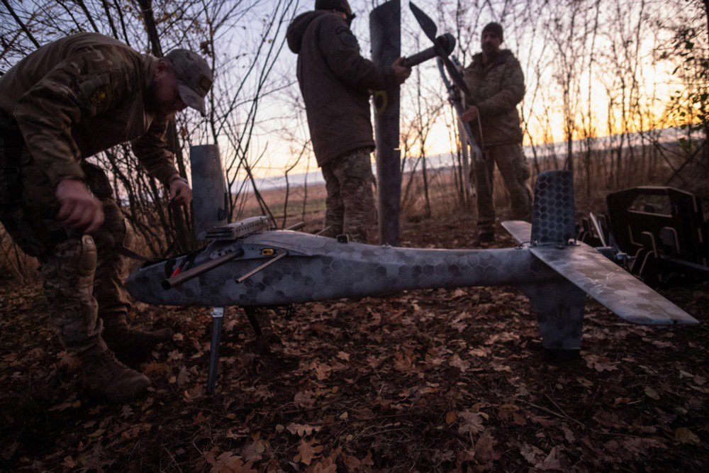 Soldiers of the Khyzhak brigade are preparing a GARA drone-bomber for a combat sortie on the front line near Pokrovsk, 2 November, 2025.
