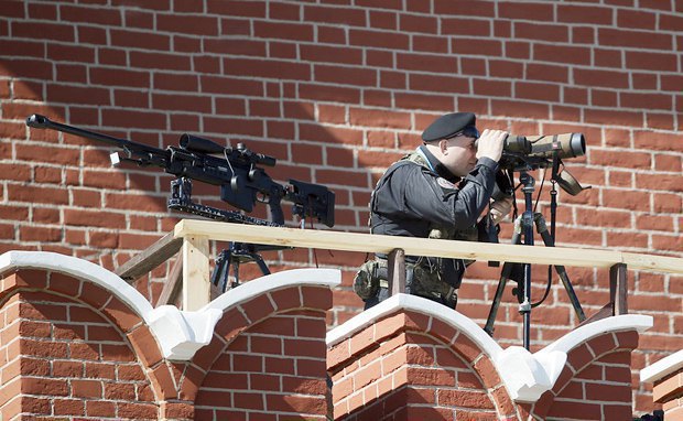 A sniper during a military parade rehearsal on Moscow's Red Square, 7 May 2015