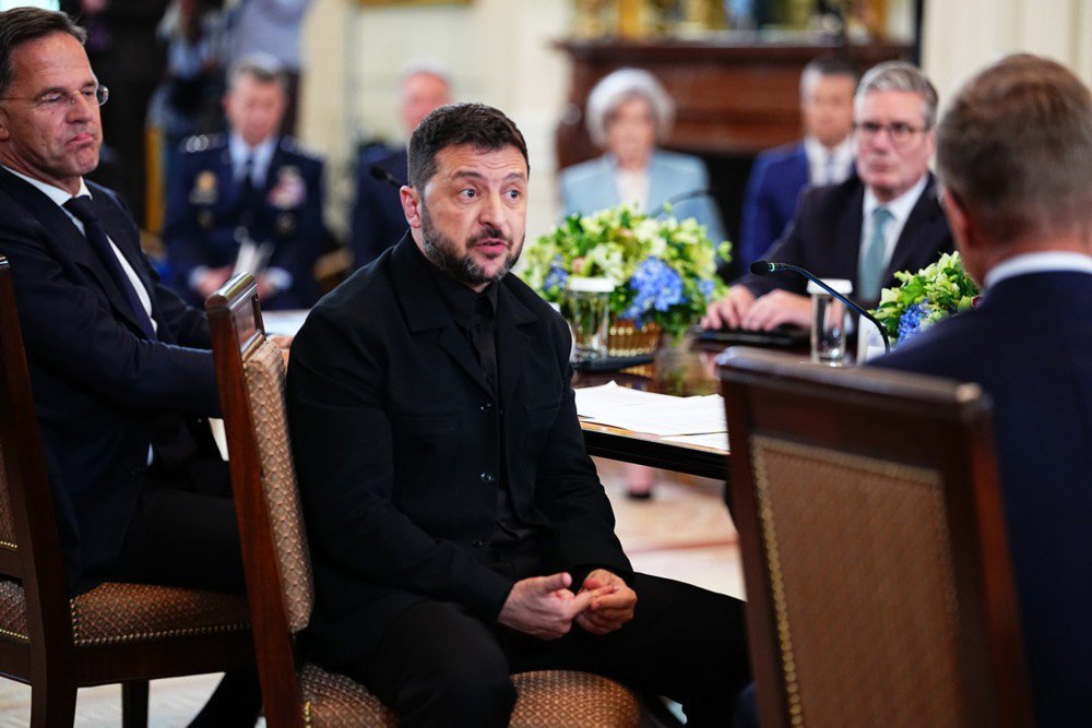 Volodymyr Zelenskyy during an extended meeting with European leaders and Donald Trump in Washington.
